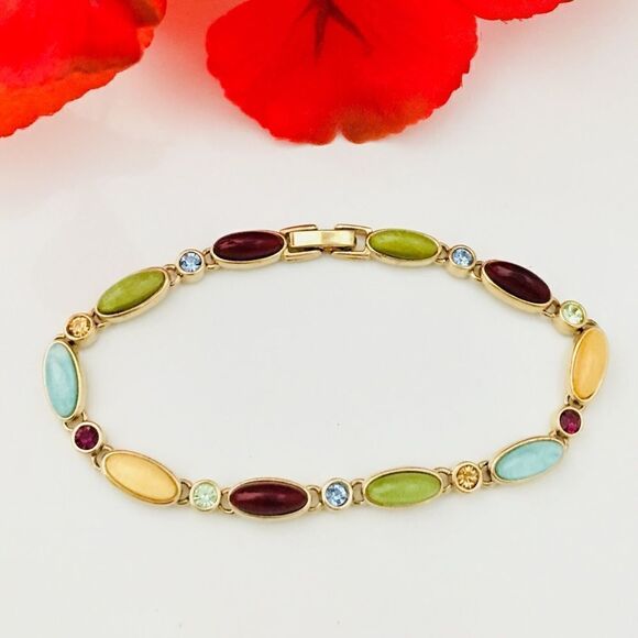 Liz Claiborne Vintage Rhinestones Lucite Bracelet Multicolor Blue Green 4238 - Picture 2 of 4